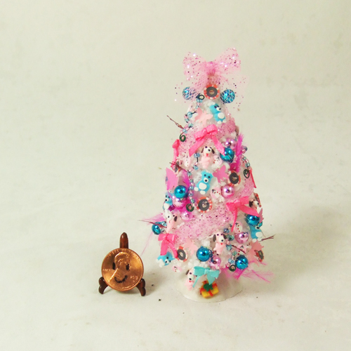 Dollhouse miniature Pink & Blue Xmas Tree #13- 4" inch